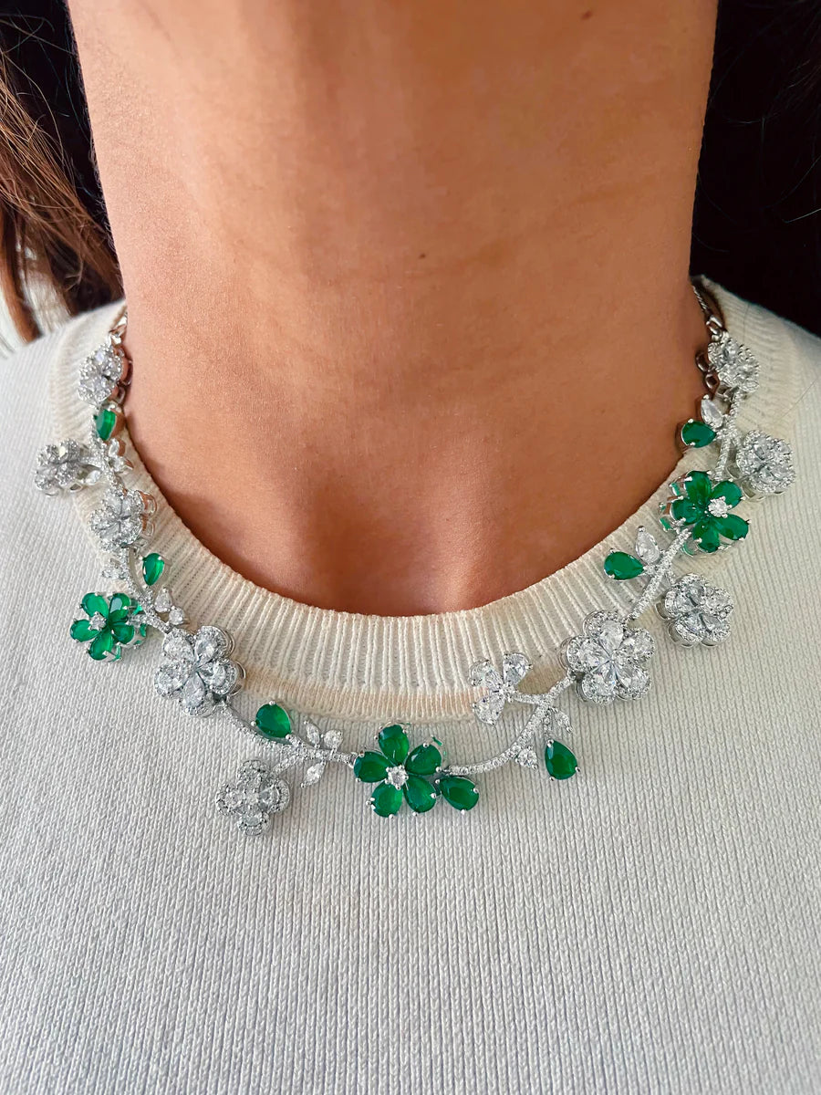 Seraphina Emerald Petal Necklace Set ( Necklace & Earrings )