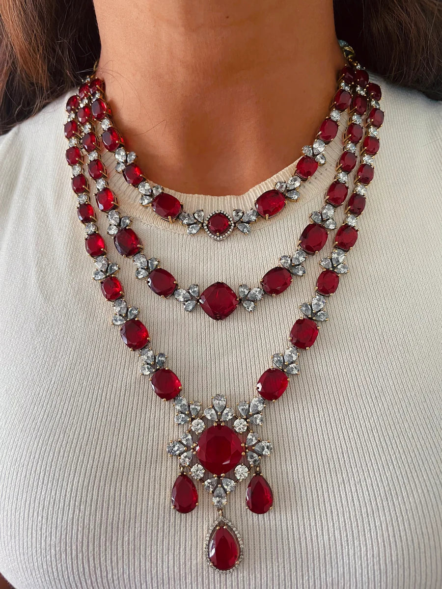 Zarfina Ruby Maharani Diamond Imperial Haar Necklace Set (Necklace & Earrings)