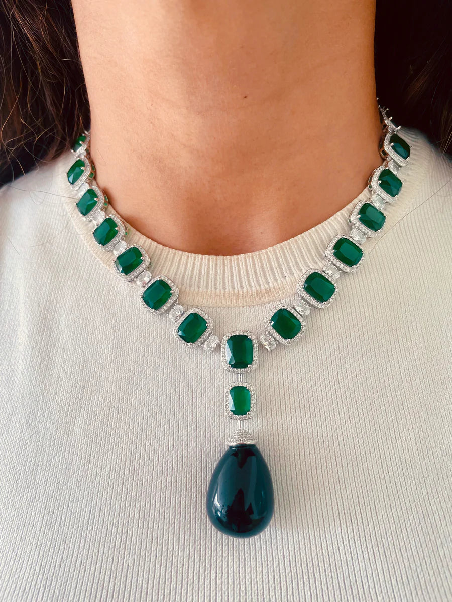 Maharani 2 Layer Diamond 2 Layer Emerald Setting & Emerald Cushion Cut with Zircon Detailing and Large Emerald Stone Necklace Set (2 Necklace & 2 Earrings)
