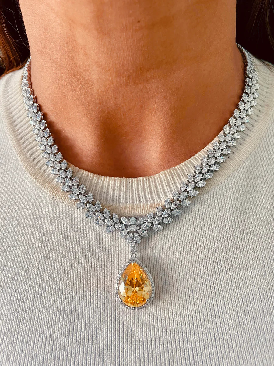 Priyanka Imperial Aura Citrine Diamond Drop Necklace Set ( Necklace & Earrings )