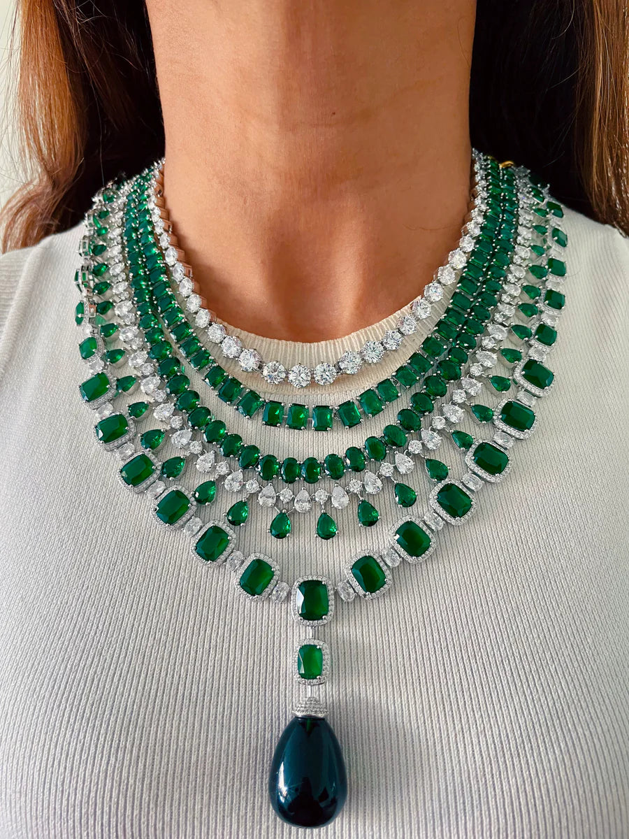 Maharani 2 Layer Diamond 2 Layer Emerald Setting & Emerald Cushion Cut with Zircon Detailing and Large Emerald Stone Necklace Set (2 Necklace & 2 Earrings)