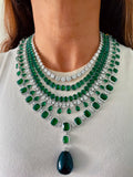 Maharani 2 Layer Diamond 2 Layer Emerald Setting & Emerald Cushion Cut with Zircon Detailing and Large Emerald Stone Necklace Set (2 Necklace & 2 Earrings)