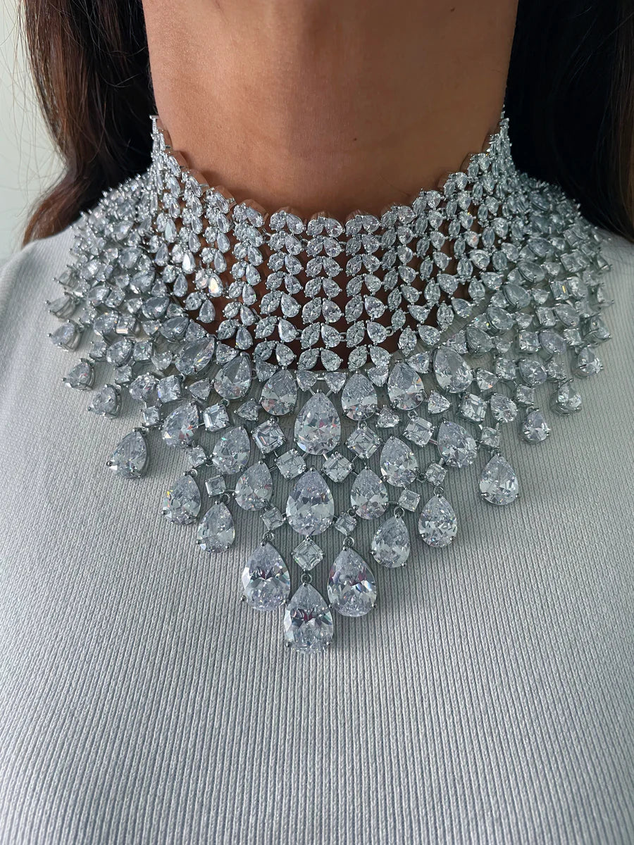 Maharani Heart & Diamond & Geometric Drops Statement Diamond Necklace Set (2 Necklace & 2 Earrings)