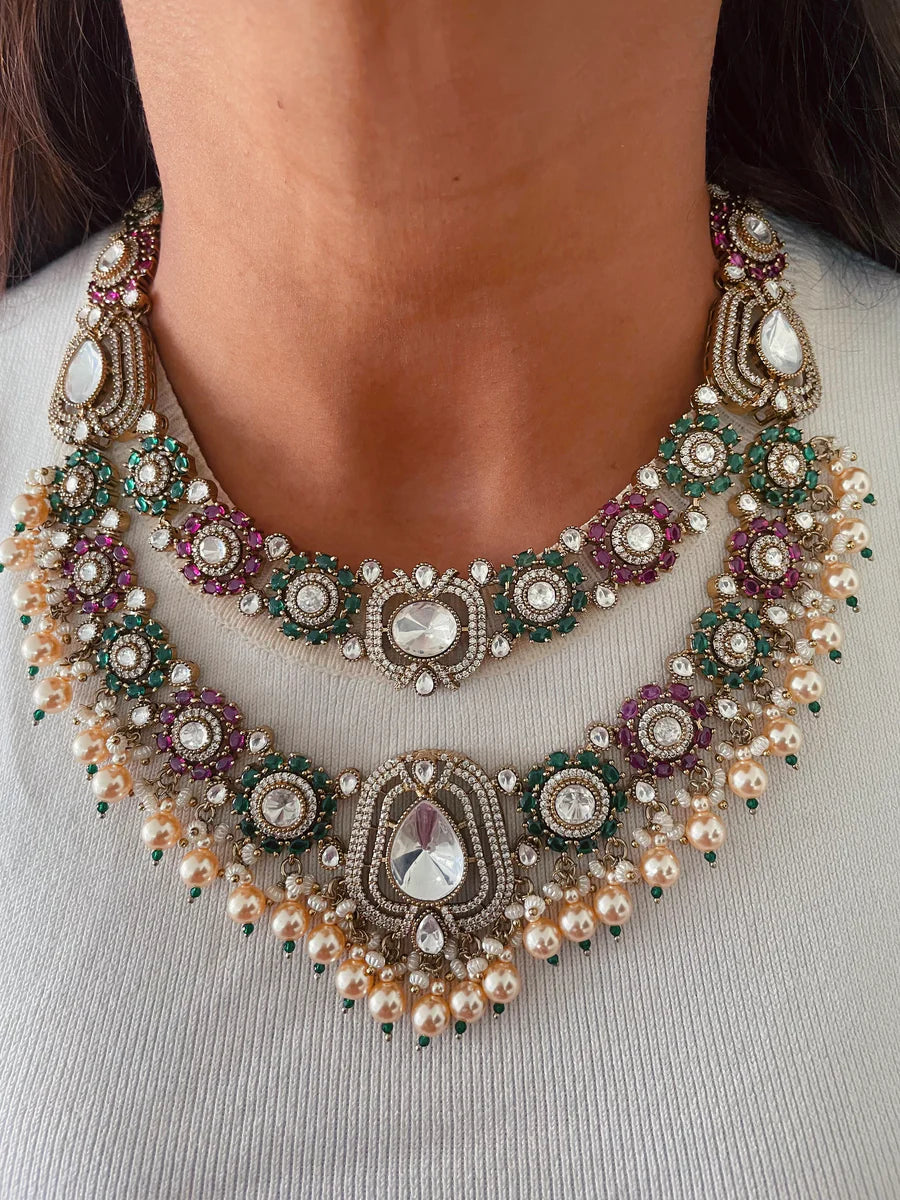 Kriti Sheeshmahal Motiya Rajkumari Ruby Imperial Courtly Choker Necklace Set (Necklace & Earrings)