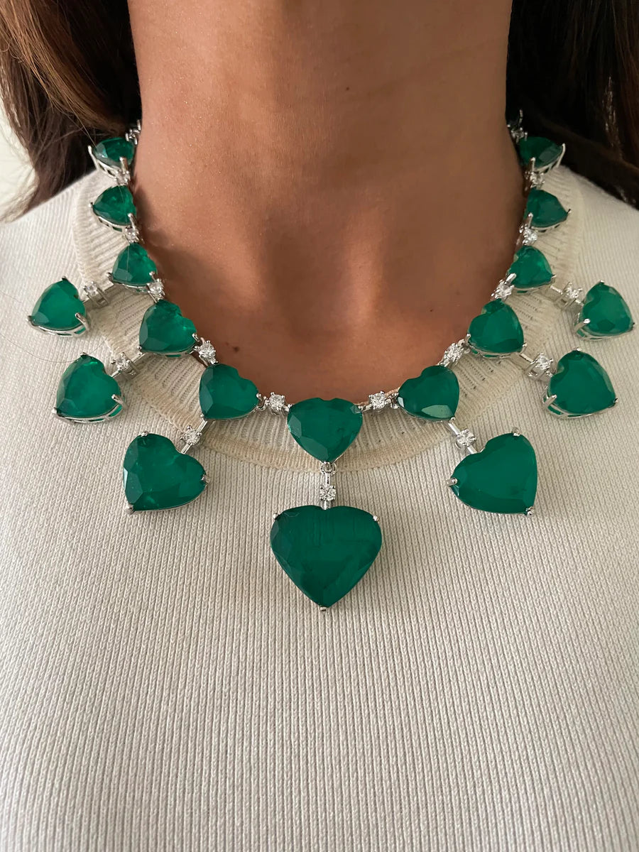 Queen of Hearts Grand Emerald Cascade Necklace Set (Necklace & Earrings)