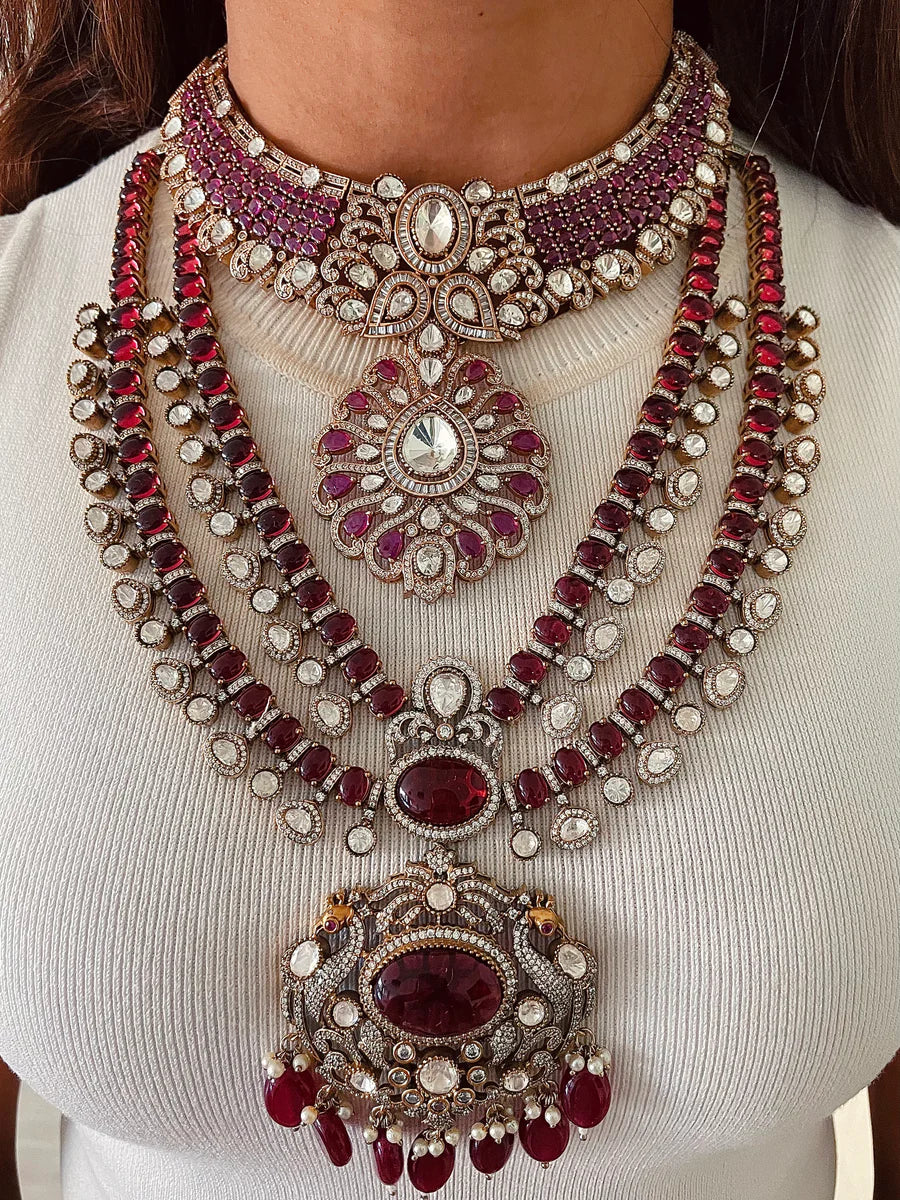 Maharani Zarnoor Rubiyana Royal Court Empress Moissanite Polki Kundan & Tejaswini Ruby Zareen Darbar Sovereign Necklace Set (2 Necklace & 2 Earrings)