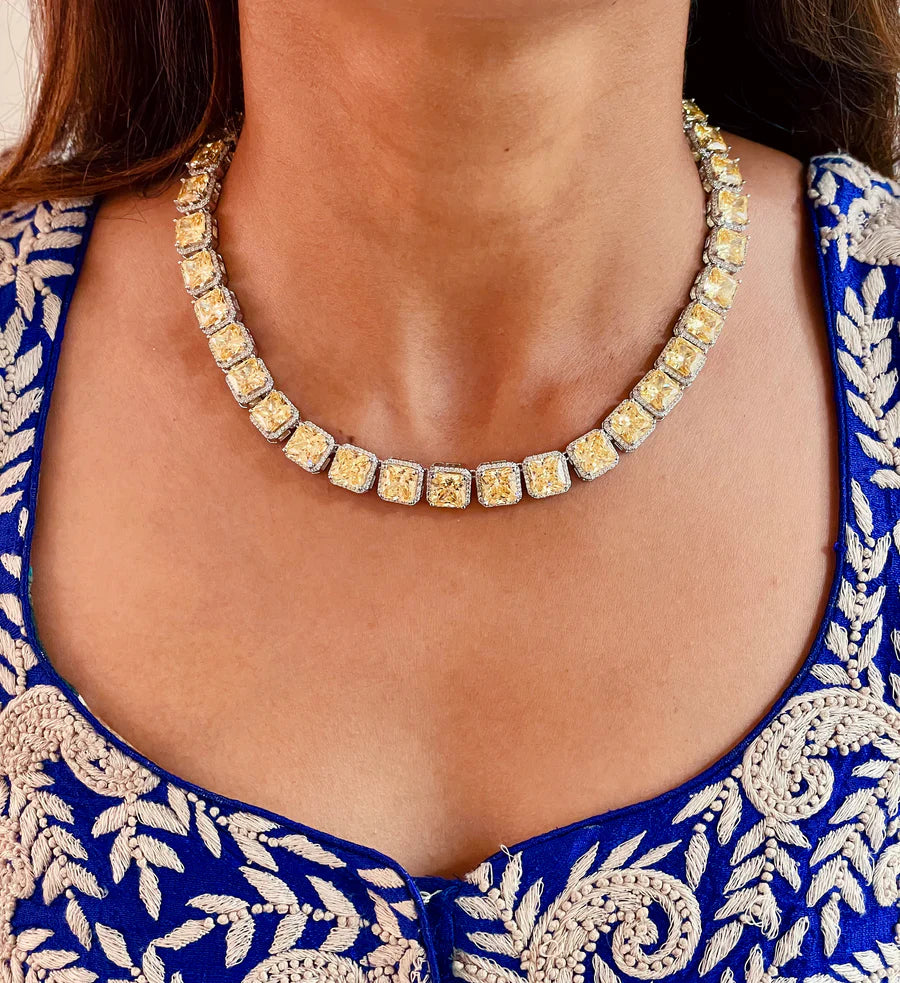 Maharani Citrine Square Tennis Necklace Choker & Citrine Elliptic Dimonte Necklace Set (2 Necklace & 2 Earrings)