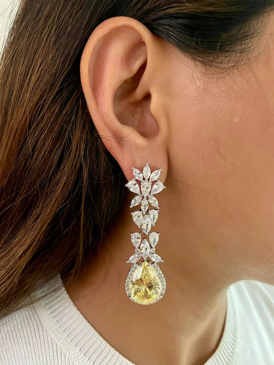 Maharani Citrine Square Tennis Necklace Choker & Citrine Elliptic Dimonte Necklace Set (2 Necklace & 2 Earrings)