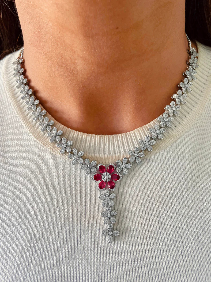 Floral Grace Ruby Necklace Set ( Necklace & Earrings )