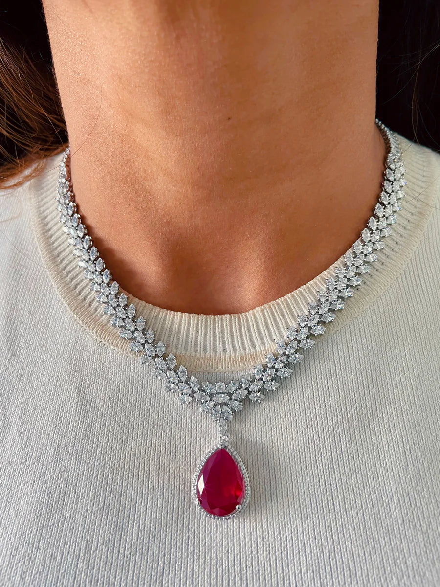 Priyanka Imperial Aura Ruby Diamond Drop Necklace Set ( Necklace & Earrings )