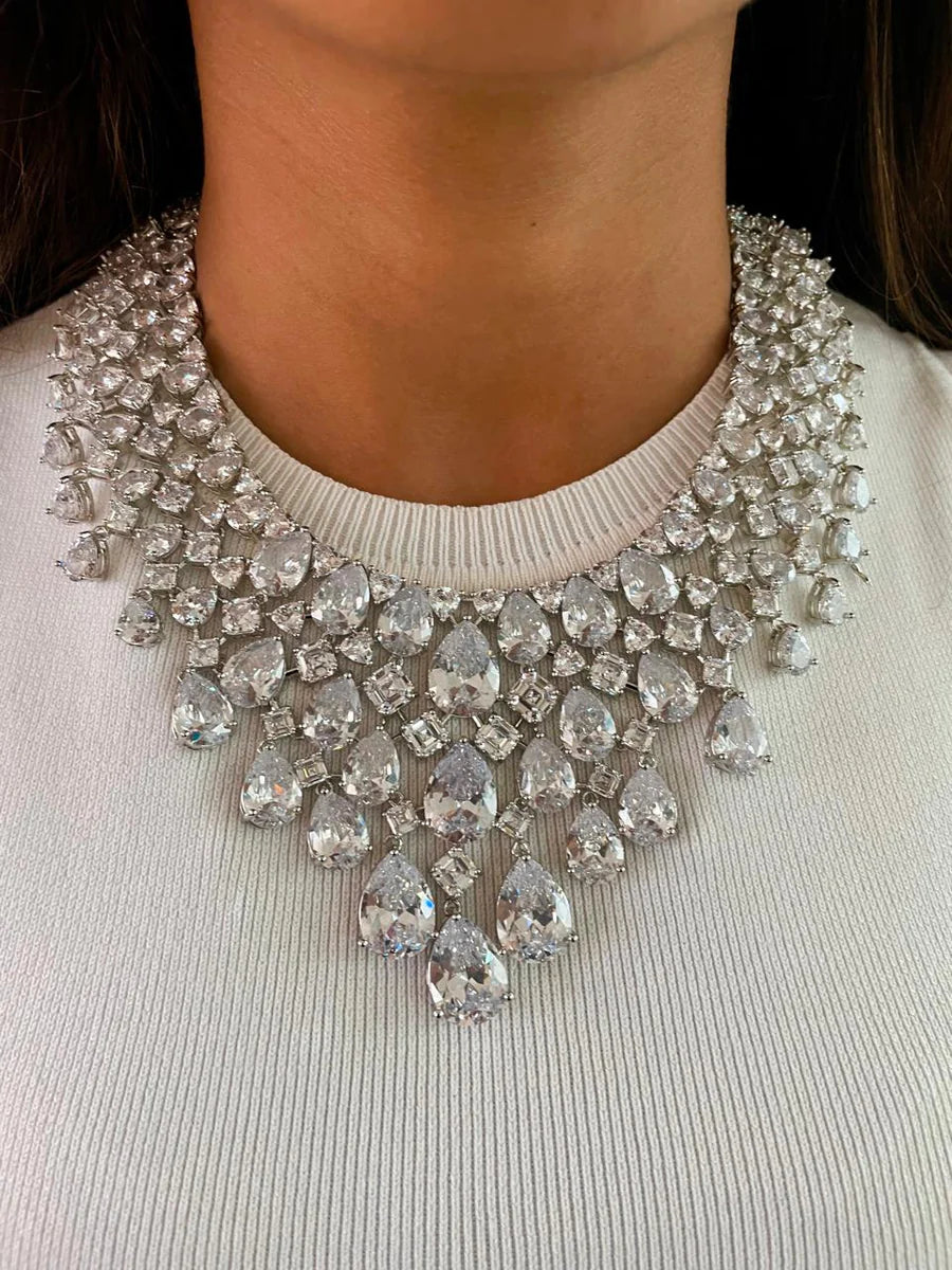 Maharani Heart & Diamond & Geometric Drops Statement Diamond Necklace Set (2 Necklace & 2 Earrings)