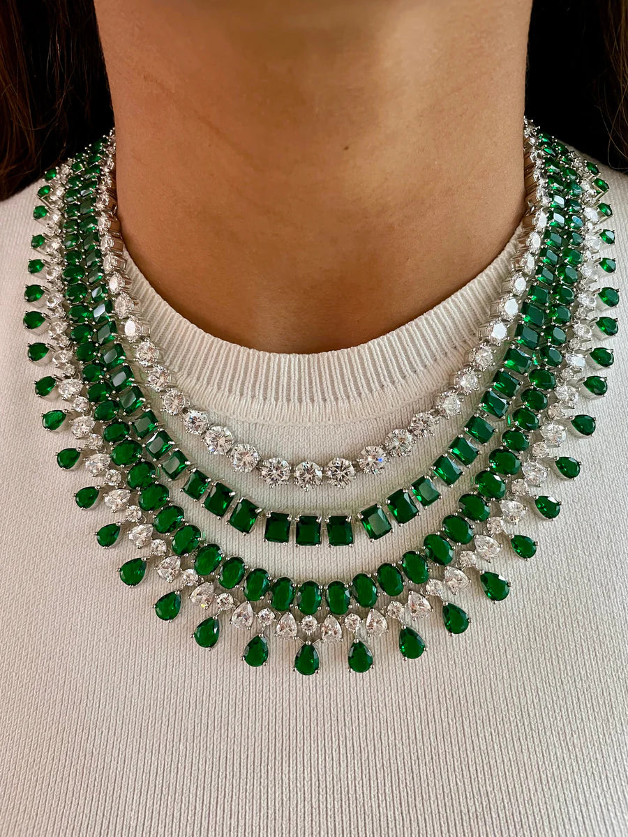 Maharani 2 Layer Diamond 2 Layer Emerald Setting & Emerald Cushion Cut with Zircon Detailing and Large Emerald Stone Necklace Set (2 Necklace & 2 Earrings)