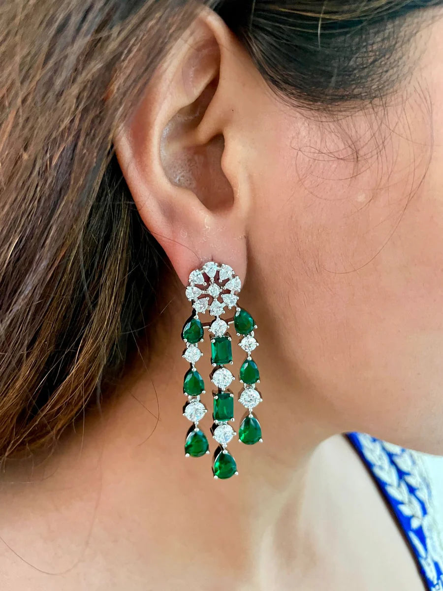 Maharani 2 Layer Diamond 2 Layer Emerald Setting & Emerald Cushion Cut with Zircon Detailing and Large Emerald Stone Necklace Set (2 Necklace & 2 Earrings)