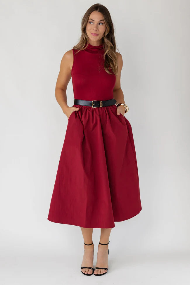 Arden Mock Neck Midi Dress - Burgundy - Final Sale