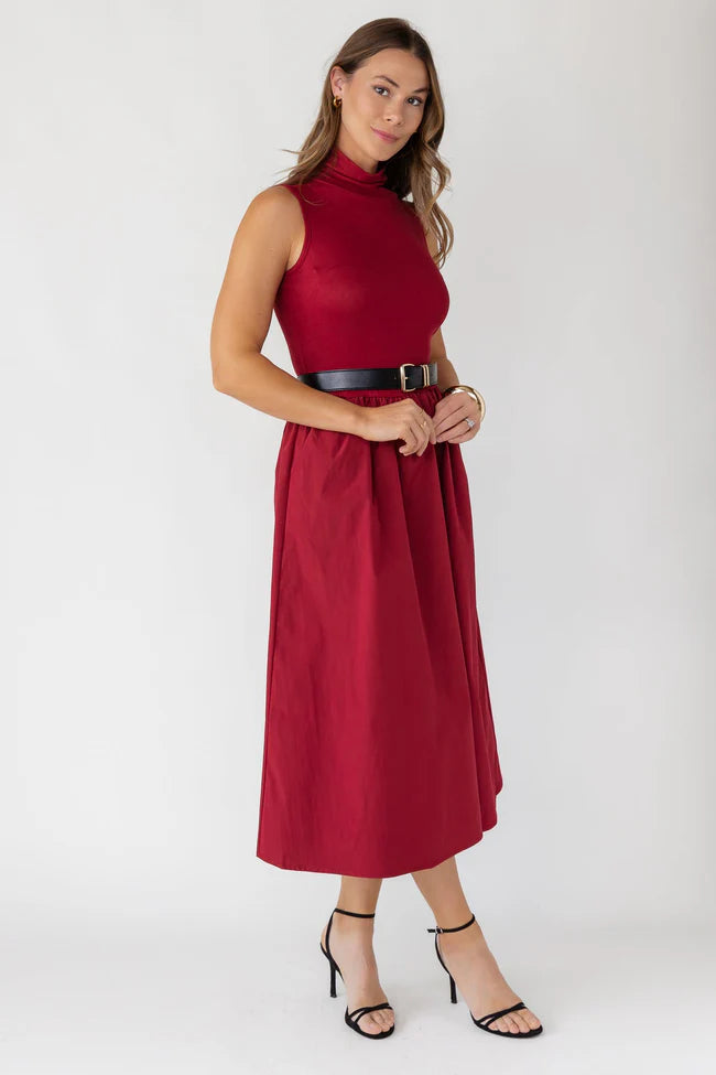 Arden Mock Neck Midi Dress - Burgundy - Final Sale