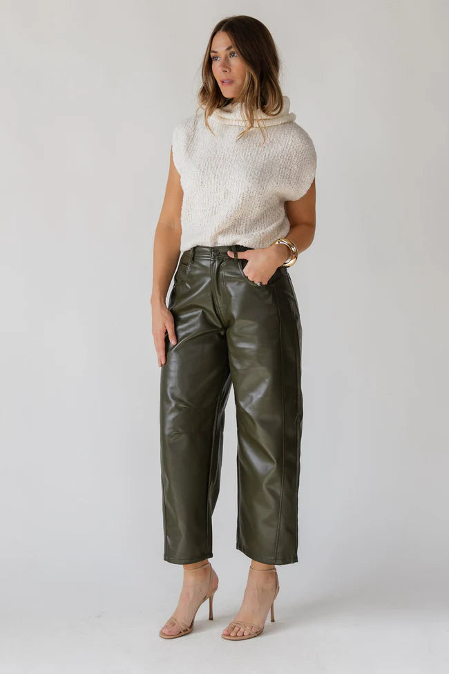 Jude Pleather Barrel Pants - Olive