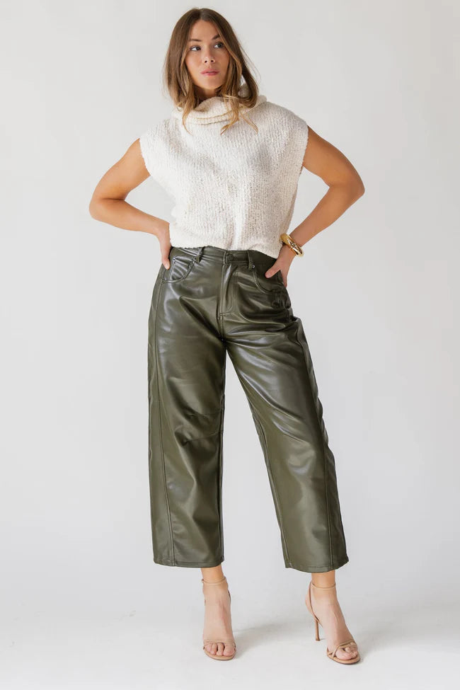 Jude Pleather Barrel Pants - Olive