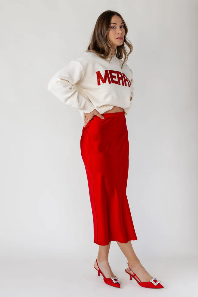 Livia Satin Midi Skirt - Red - Final Sale