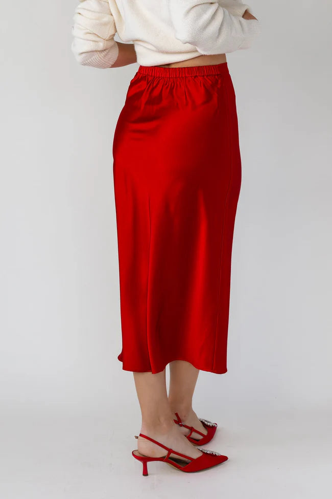 Livia Satin Midi Skirt - Red - Final Sale