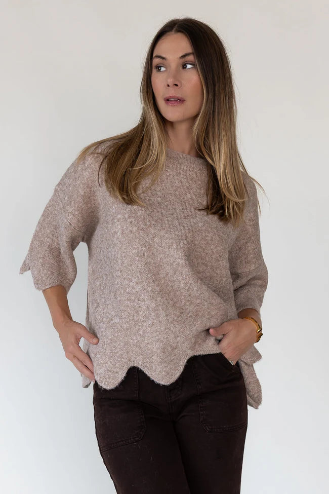Sloane Taupe Scallop Hem Sweater - Final Sale